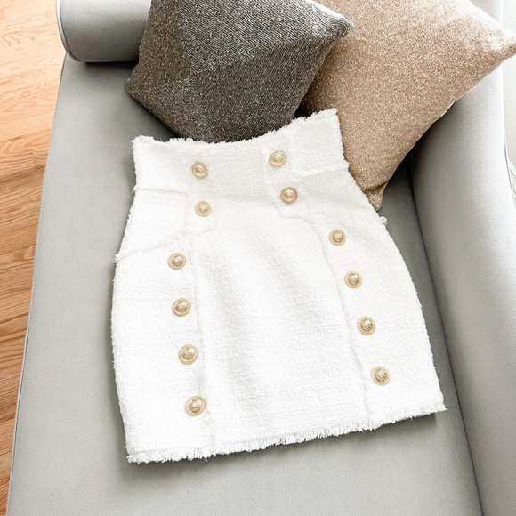 Balmain White Tweed Double Breasted High Waisted Button Fringe Skirt - Picture 5 of 7